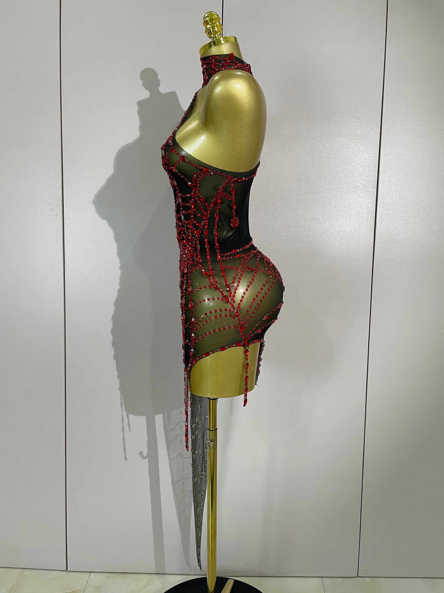 Sparkly Diamond Sexy Mesh Asymmetric Bodycon Mini Dress Women Nightclub Bar Party Show Gogo Dancer Clothing Stage Costume