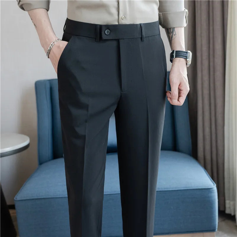 Stretch Solid Color Men's Trousers, Suitable for Business Casual, Parties, Formal Events, and Ankle-length Slim Pants.28-40