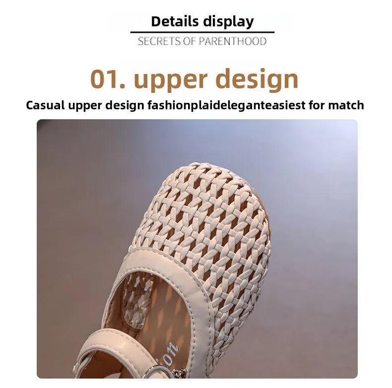2026 Summer New Girls Woven Princess Shoes Cute Soft Sole Closed Toe Sandals Korean Style Kids Beach Shoes