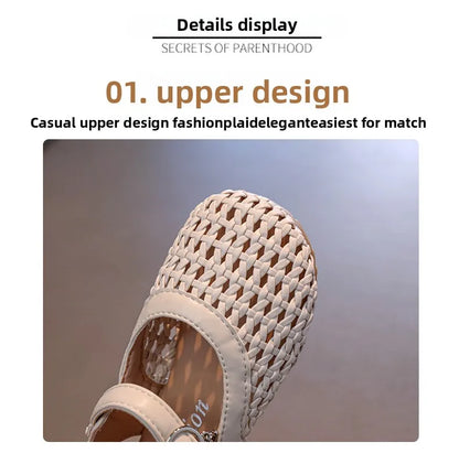 2026 Summer New Girls Woven Princess Shoes Cute Soft Sole Closed Toe Sandals Korean Style Kids Beach Shoes