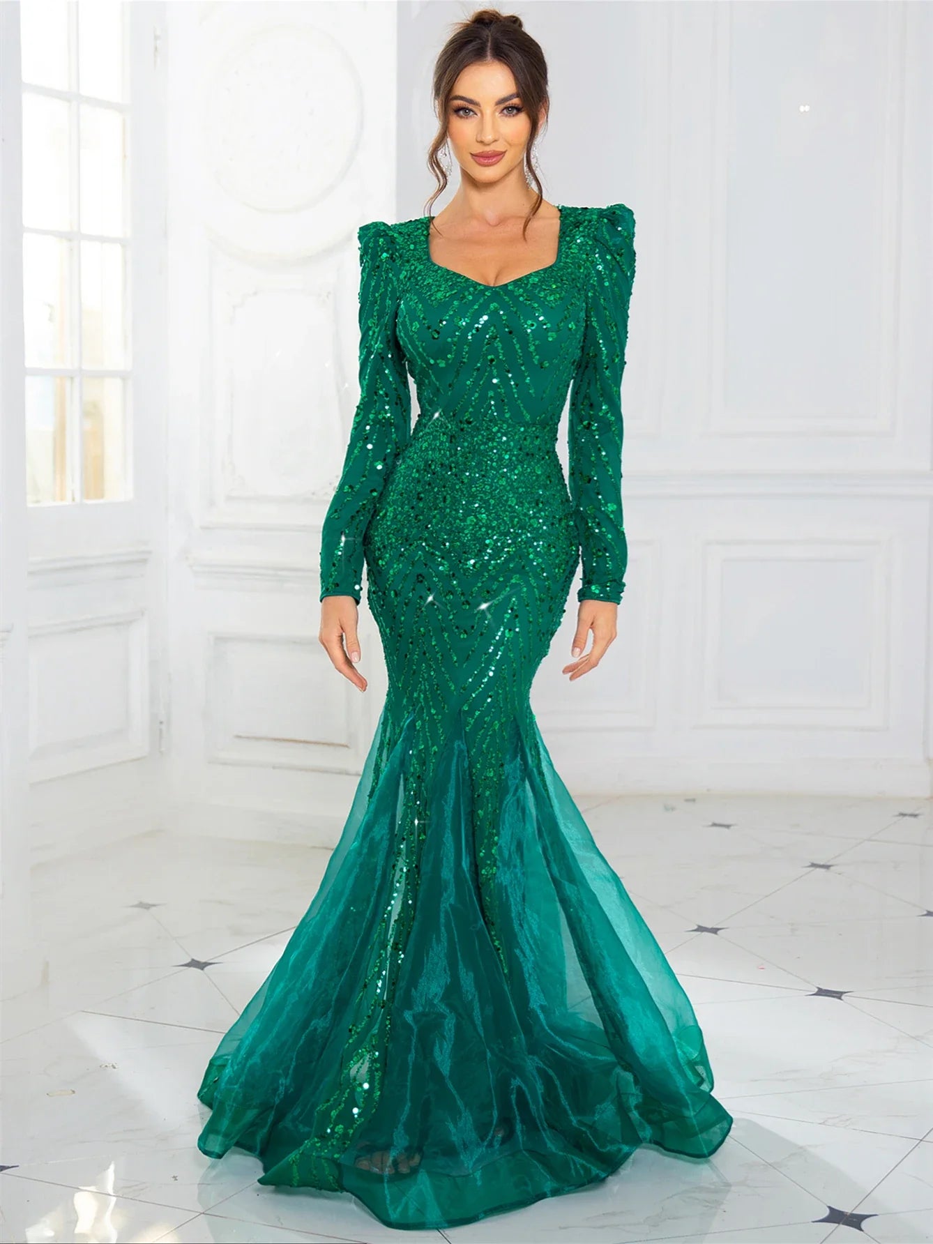 Long Sleeves Sweetheart Neck A Line Mesh Formal Evening Dress Floor Length Women Prom Party Dresses Winter