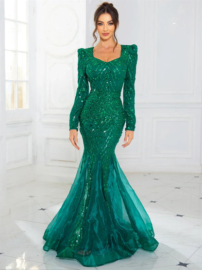Long Sleeves Sweetheart Neck A Line Mesh Formal Evening Dress Floor Length Women Prom Party Dresses Winter