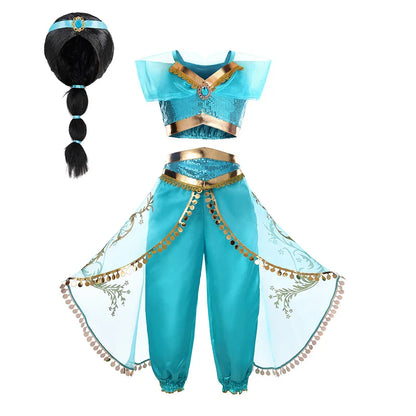 Kids Arabian Princess Dress Girls Halloween Jasmine Costume Children Carnival Cosplay Party Disguise Girl Sequins Pageant Outfit