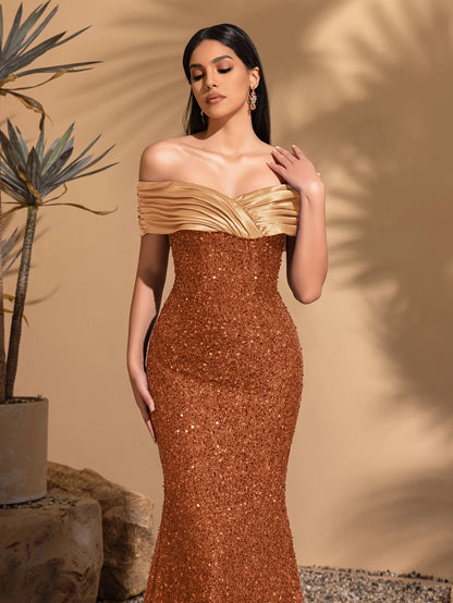 Off-the-shoulder pleated hip-hugging dress, elegant and chic dress