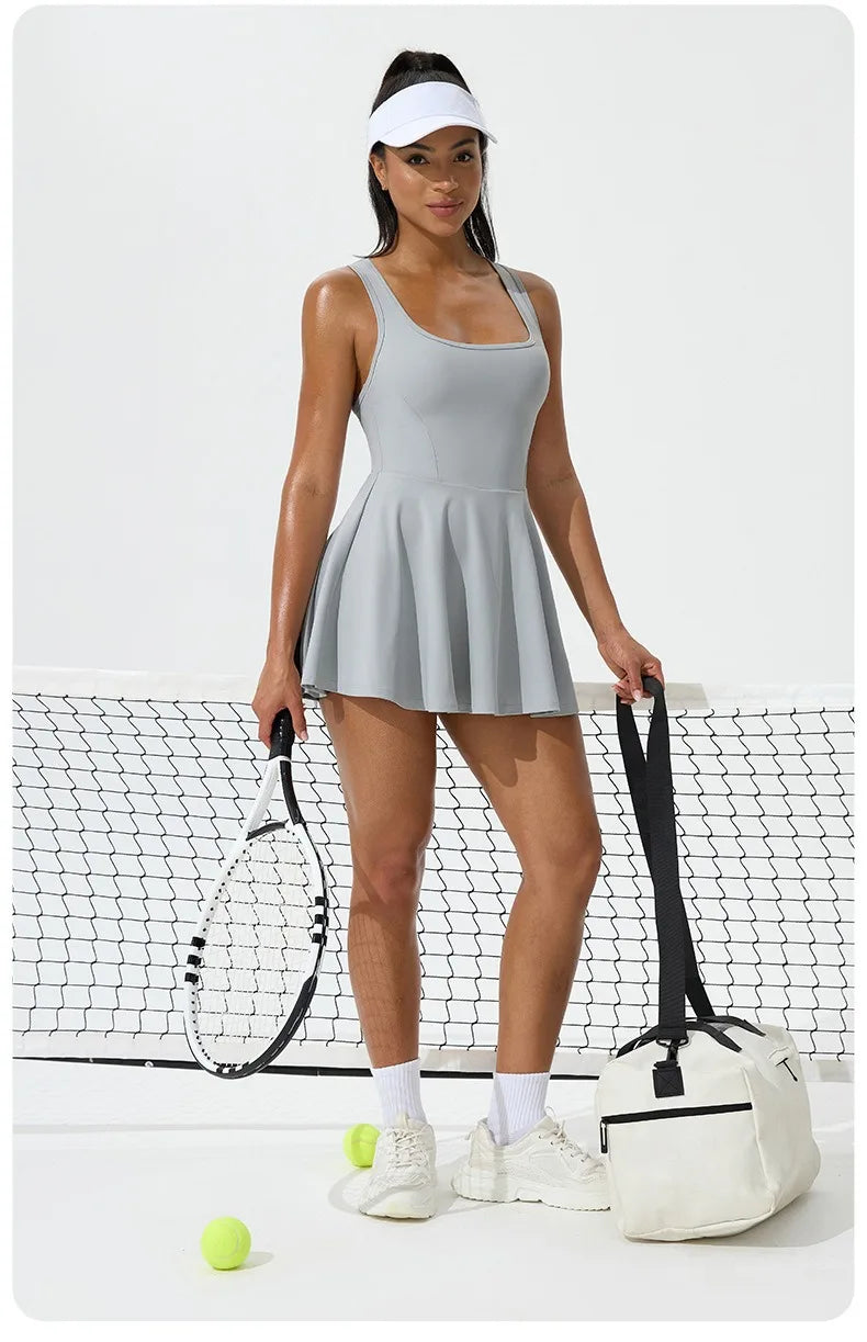 Women Summer Tennis Dress Breathable Quick-Dry Workout Dress Outdoor Sports Skirt Gym Yoga Short Dress Casual Athletic Skirt