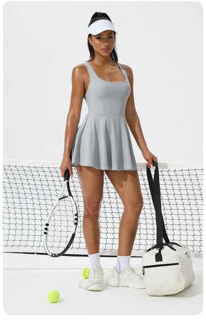 Women Summer Tennis Dress Breathable Quick-Dry Workout Dress Outdoor Sports Skirt Gym Yoga Short Dress Casual Athletic Skirt