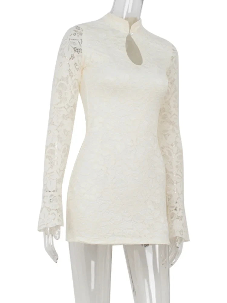 Lace Women's Mini Dresses Solid Sheer Hollow Out Turtleneck Long Flare Sleeves Sheath Bodycon Streetwear Vestidos