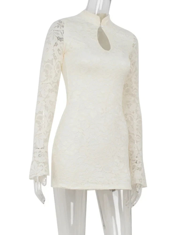 Sexy Lace Women's Mini Dresses Solid Sheer Hollow Out Turtleneck Long Flare Sleeves Sheath Bodycon Streetwear Vestidos