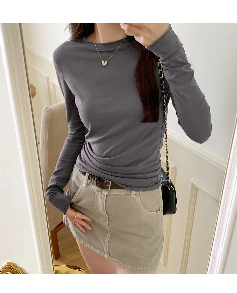 2026 Spring Autumn T shirt Women Tops Solid Slim Fit Long Sleeve O Neck Tshirts Female Casual Streetwear High Quality Base Tees