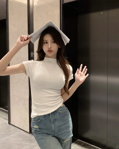 1pcs Girls Summer Solid T-shirts Womens Classic Basic Fashion Tees New Students Short Sleeve Slim Tops Females Mock Neck Tshirts