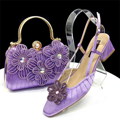 Elegant Italian Women's Blue Color Rhinestone Heels with Floral Design & Matching Clutch Bag Set - Perfect for Parties