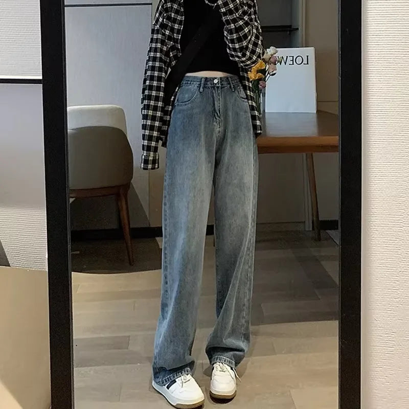 Calça Jeans Casual De Cintura Alta E Perna Larga Retrô Versátil