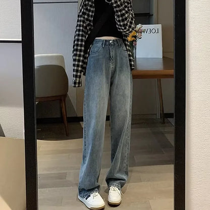 Calça Jeans Casual De Cintura Alta E Perna Larga Retrô Versátil