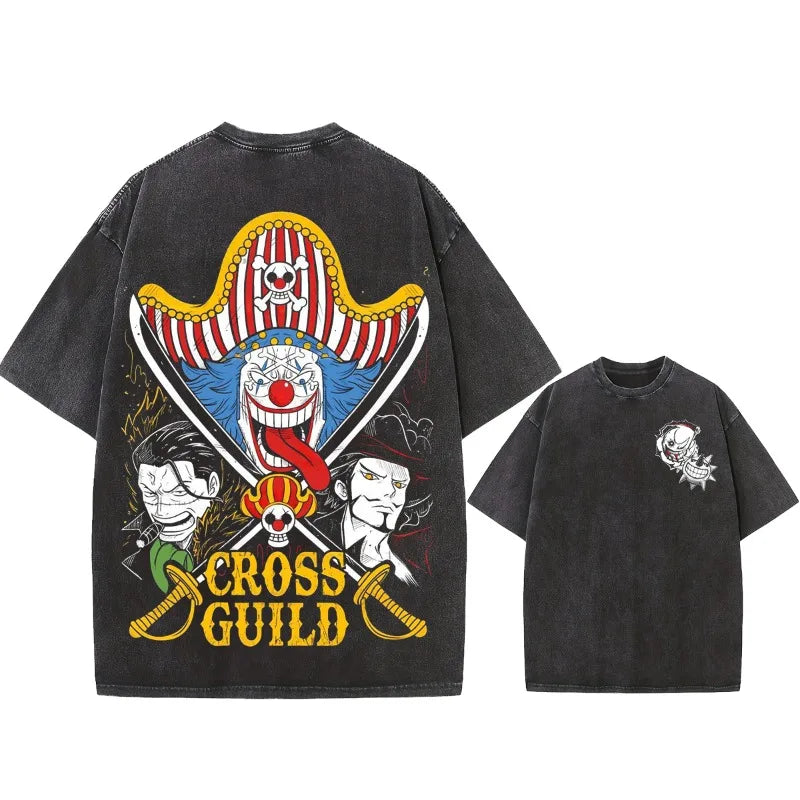 Summer Men's Washes T-shirts Japanese Anime ONE PIECE Buggy Graphic Clothing Harajuku Y2K Oversized 100% Cotton Half-sleeve Tops