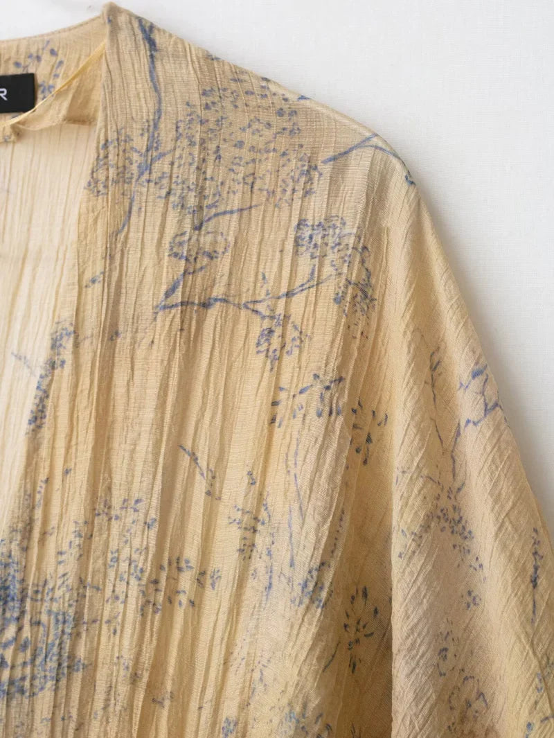 2025  autumn/winter new elegant fashion wide sleeve V-neck print shirt comfortable retro waist top