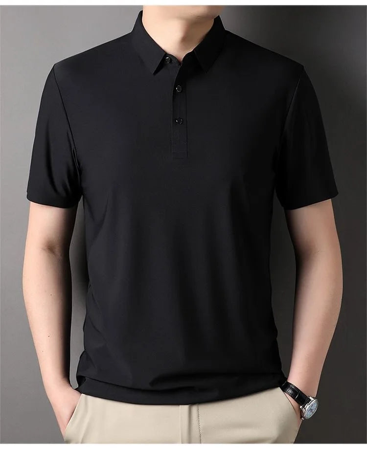 High quality wrinkle resistant ice silk short sleeve t-shirt men's summer Lapel loose casual solid color top high-end polo men