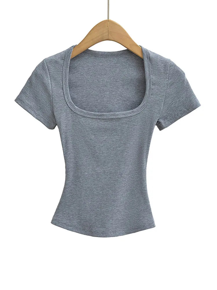 Women's Slim Fit Square Collar Crop Top High Stretch Short Sleeve Pullover Sexy Summer Blouse T-shirt for Bottoming