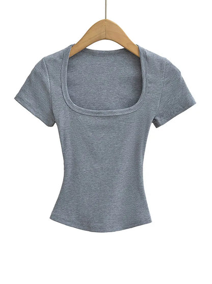 Women's Slim Fit Square Collar Crop Top High Stretch Short Sleeve Pullover Sexy Summer Blouse T-shirt for Bottoming