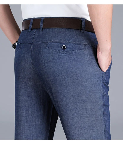 2026 New Men's Summer Jeans Thin Loose Stretch Large Size Ice Silk Straight Pants Elite Business Casual Pants Smoke Gray Blue