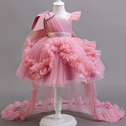 KLFLGD Novos vestidos de festa de verão para meninas vestido de festa elegante para casamento de floristas vestido de cauda de tule rosa para meninas de 2 a 6 anos