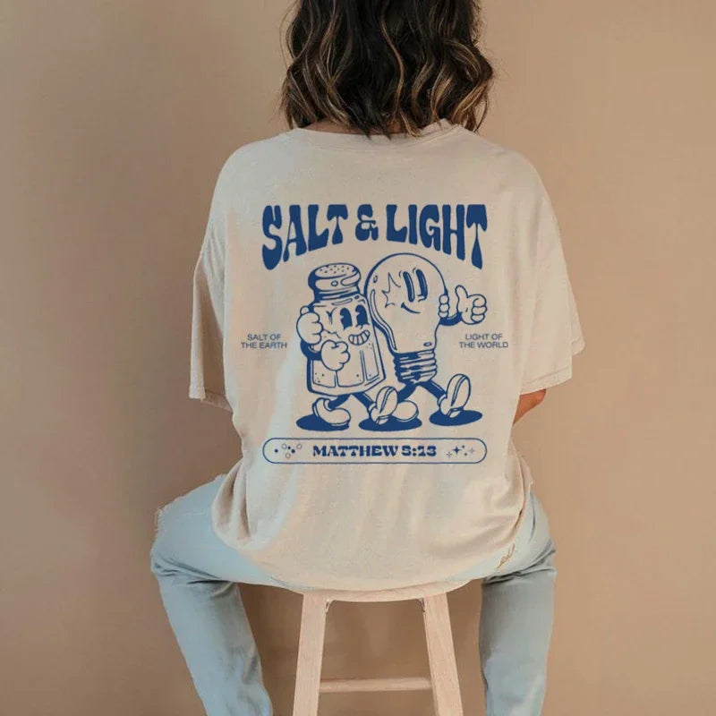 Salt Light Funny Bible Verse T-Shirts Back Print Retro Streetwear Graphic Tees Women Men Christian T Shirt Jesus Faith Top Gifts