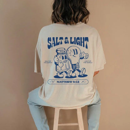 Salt Light Funny Bible Verse T-Shirts Back Print Retro Streetwear Graphic Tees Women Men Christian T Shirt Jesus Faith Top Gifts
