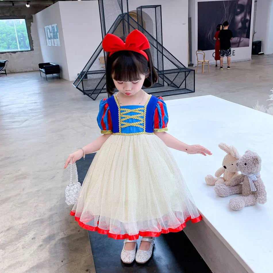 Summer Snow White Dress for Girls Breathable Puffed-Sleeve Tulle Princess Dress Snow White Themed Party Gown Halloween Costume