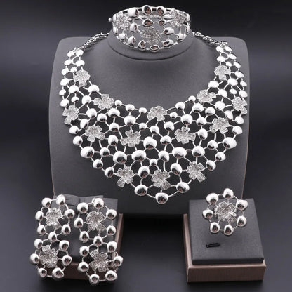 Elegant Jewelry Sets Dubai Silver Plated Jewelry Women Necklace Bracelet Earrings Ring Bride Wedding Party Accessories