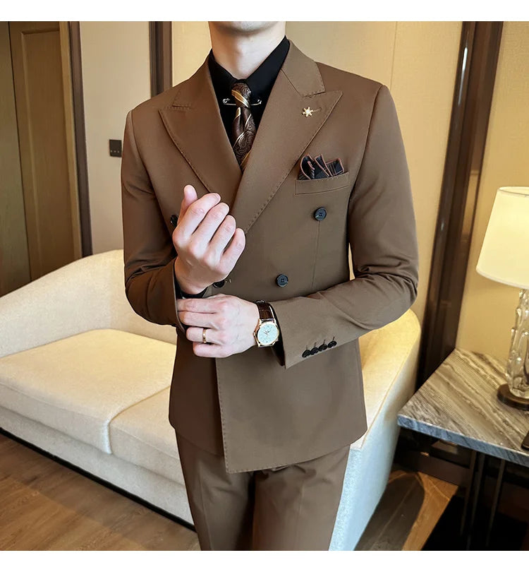 (Jackets+Pants) Luxury Double Breasted Design Slim Fit Suit High Quality Fashion Men's Wedding Social Suit Tuxedo 2 Piece Set