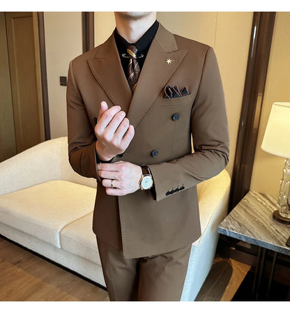 (Jackets+Pants) Luxury Double Breasted Design Slim Fit Suit High Quality Fashion Men's Wedding Social Suit Tuxedo 2 Piece Set