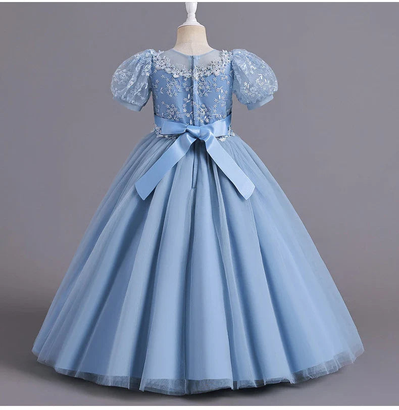 8901 Vestido Infantil para Meninas de 4 a 12 anos Princesa Lantejoulas Manga Bufante Longo Tule Florista Casamento Verão Pequeno