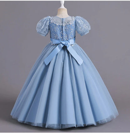 8901 Vestido Infantil para Meninas de 4 a 12 anos Princesa Lantejoulas Manga Bufante Longo Tule Florista Casamento Verão Pequeno