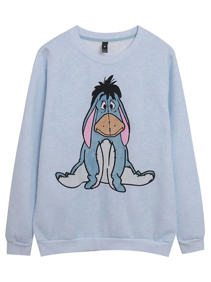Eeyore Embroidery Fleece Sweatshirt Women O Neck Long Sleeve Casual Pullover Tops Female Cute Cartoon Jumper Streetwear
