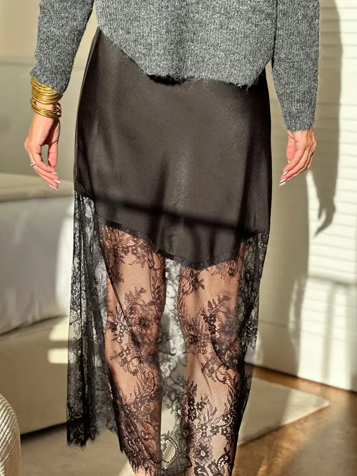 Lace Stitching Skirt Women's Casual Midi Skirt High Waist A-Line Skirt with Pockets Solid Color