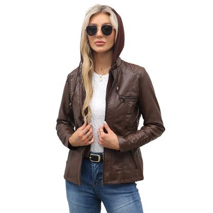 Women’s hooded jacket coat set, detachable design, faux leather, spring autumn, regular fit, L–XXL