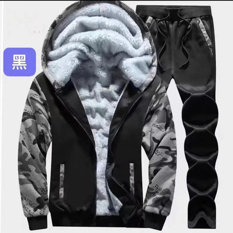 Winter Thick Men Sports Suit Men Tracksuit Hooded Sportswear Zipper Cardigan Hooded Woolen Trousers Pants Casual Men Fleece Set