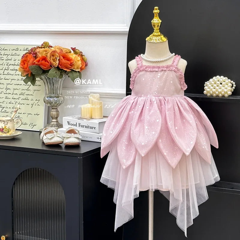 Girls Dress 2025 Summer New Flower Fairy Princess Strap Dress Super Fairy Children Birthday Princess Dress