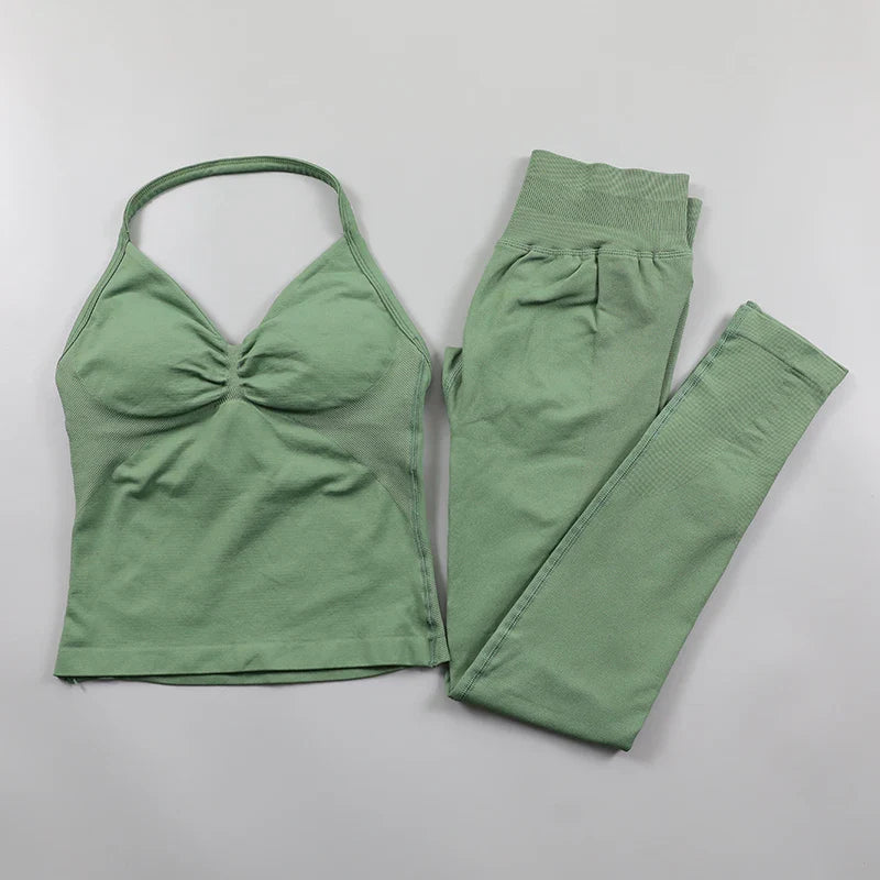 Fitness Leggings Set Women Seamless Yoga Set Fitness Clothing Scrunch Bum Gym Legging Padded Tank Top Workout Outfits Sportswear