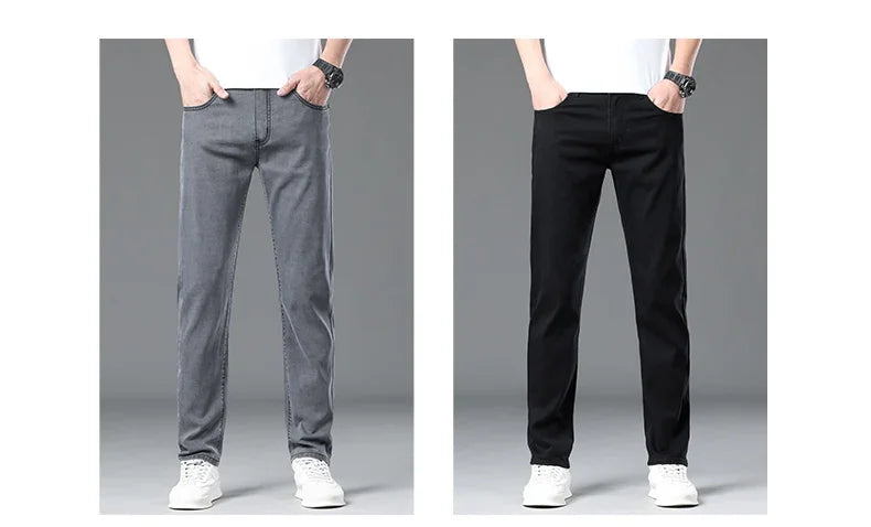 Summer Lyocell Ultra-thin Jeans Men Straight Stretch Breathable Denim Pants Fashion Business Casual Male Trousers Black Gray