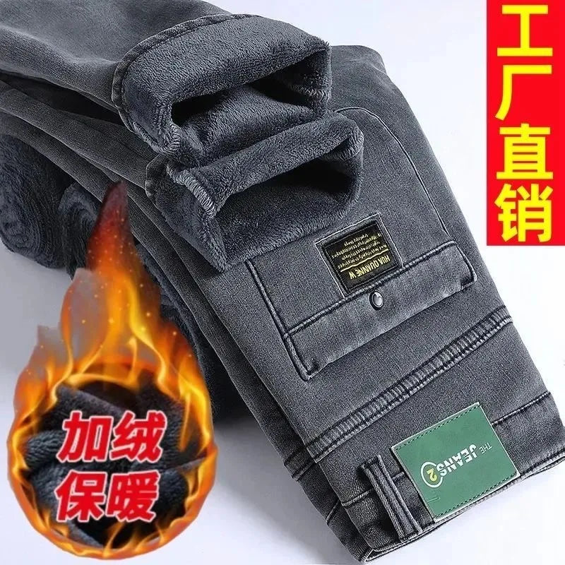 Winter New Fashionable Solid Color With Thick Fleece and Warm Straight Leg Elastic Jeans For Men's Casual Sports High-end Jeans