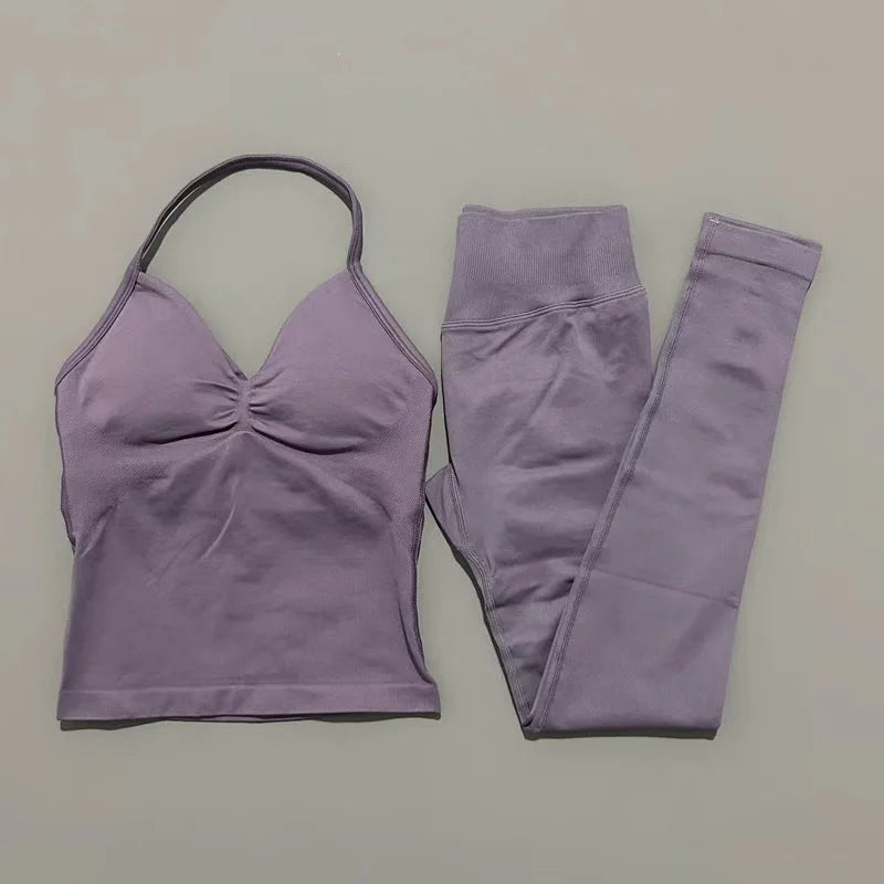 2Piece Sports Gym Set Women Longline Strappy Top Fitness Clothes Seamless Yoga Set Running Workout Sports Leggings Sets
