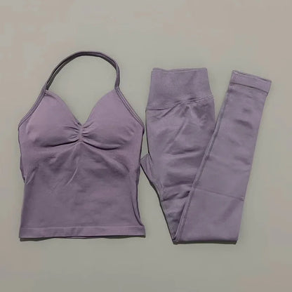 2Piece Sports Gym Set Women Longline Strappy Top Fitness Clothes Seamless Yoga Set Running Workout Sports Leggings Sets