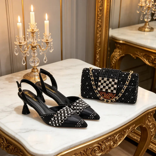Italian Shoe and Bag Set for Party in Women Ladies Party Shoes with Matching Bag Decorated with Rhinestone Pointed Toe Pumps