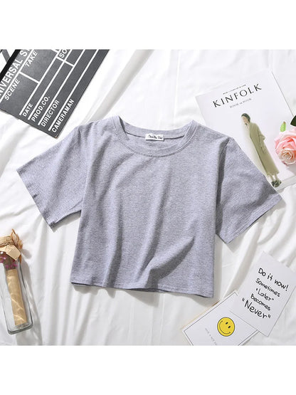 Summer Short Sleeve T Shirts Women  Solid T-shirt O Neck High Waist Crop Top Tee Female Casual Loose T Shirt