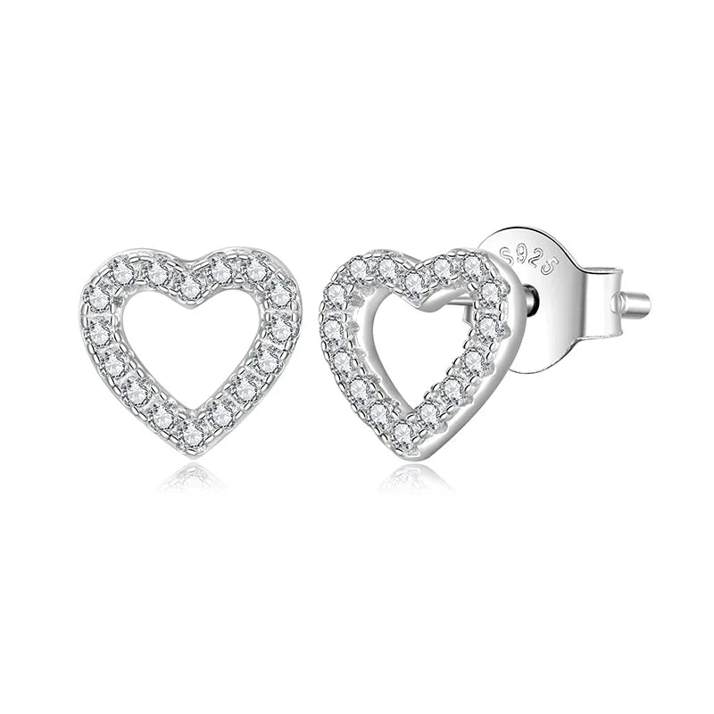 Hollowed Heart Moissanite Stud Earrings, Full Enternity Hypoallergenic Earrings D Color Round Cut Lab Diamond for Women