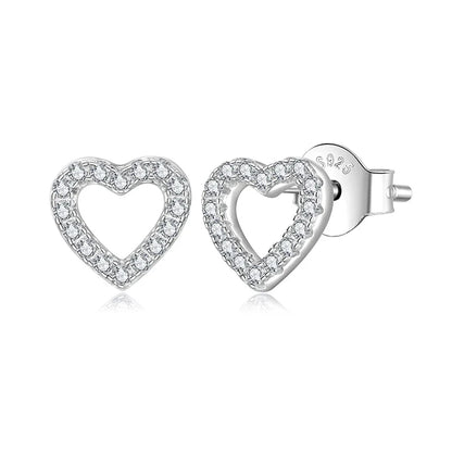 Hollowed Heart Moissanite Stud Earrings, Full Enternity Hypoallergenic Earrings D Color Round Cut Lab Diamond for Women