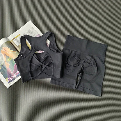 High Waist Butt Lifting Fitness Suit Gathering Beautiful Back Yoga Suit Bras Quick-drying Running Peach Buttock Training 2PCS