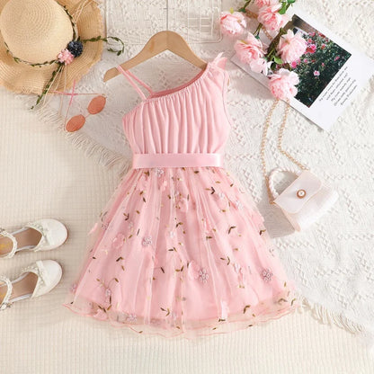 Girls Baby England Style Dresses Kids Lotus Leaf Sloping Shoulder Suspender A-line Skirt Summer Children Fashion Party Clothes
