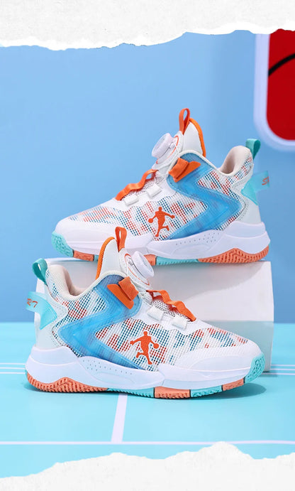 Rotary Buckle Kids Basketball Sneakers Boys Brand Sneakers Mesh Breathable Children's Basketball Shoes Outdoor Sports Shoes Girl