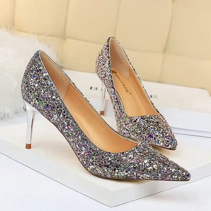 Women Luxury Bling Red  Blue Valentine Party Scarpins Pumps Lady Glitter Sequins 7cm 9.5cm High Heels Designer Shoes Plus Size